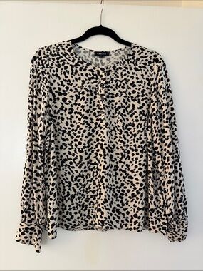 Caroll Paris Printed Blouse Size 42 (US 10) Black & Ivory Long Sleeve French